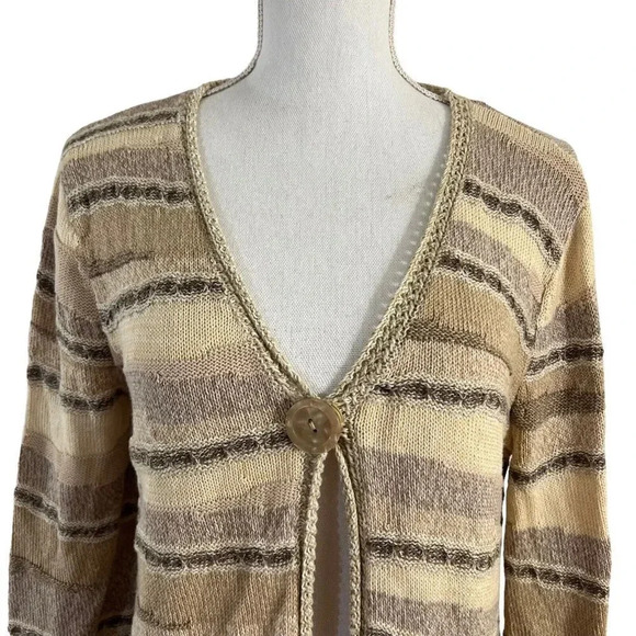 JM Collection Sand Oatmeal Tan Striped One Button Cardigan Sweater Medium Womens - Picture 4 of 9